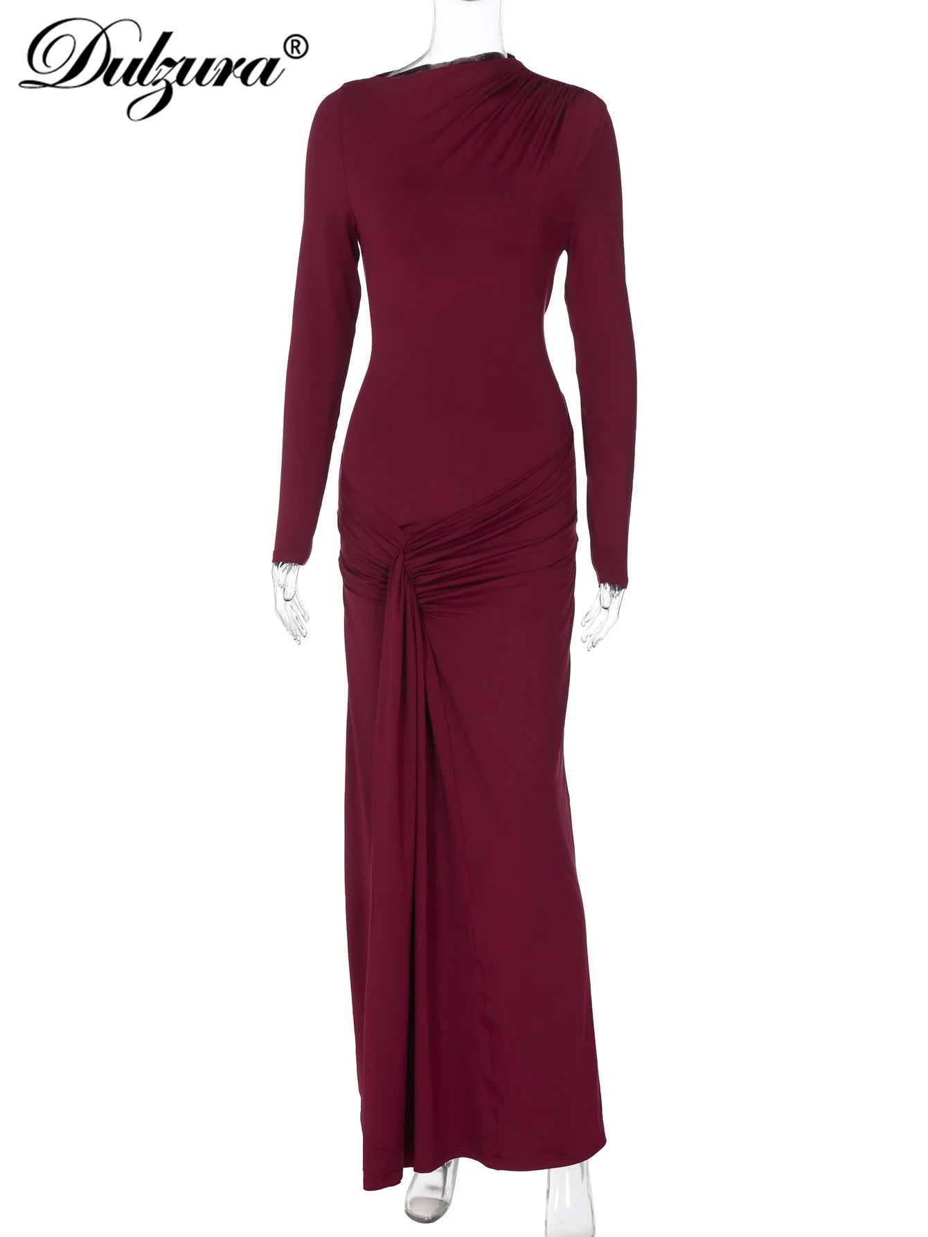 Lace-Up Ruched Long-Sleeve Maxi Dress