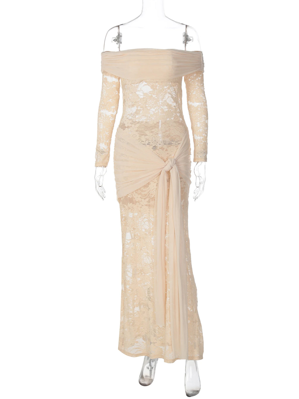 Sheer Lace-Up Ruched Backless Maxi Dress