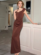 Ruched Backless Side-Slit V-Neck Maxi Dress