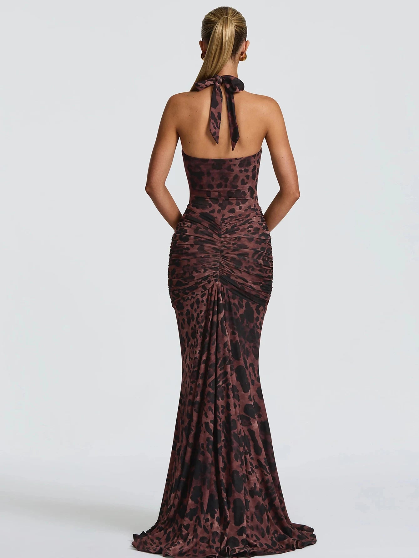 Lace-Up Ruched Backless Tie-Detail Maxi Dress