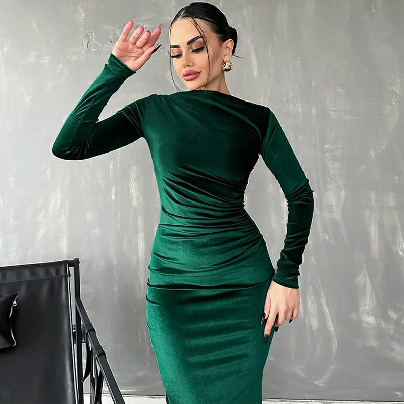 Velvet Ruched Long-Sleeve Maxi Dress
