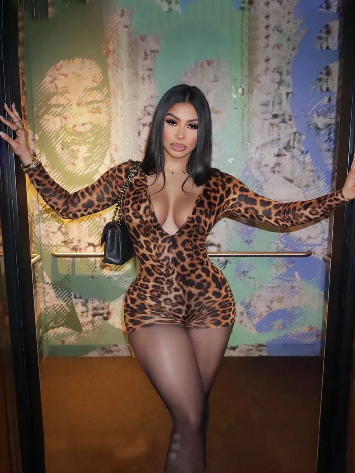 Leopard V-Neck Long-Sleeve Bodycon Jumpsuit
