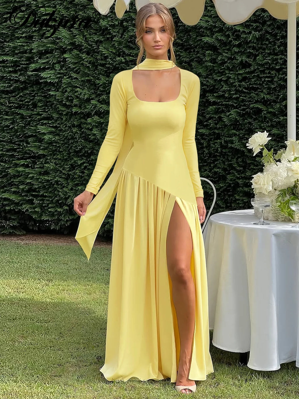 Pleated Side-Slit Tie-Detail Square-Neck Maxi Dress