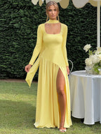 Pleated Side-Slit Tie-Detail Square-Neck Maxi Dress