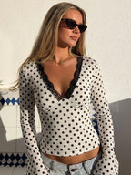 Polka-Dot Lace Ruffle V-Neck T-Shirt