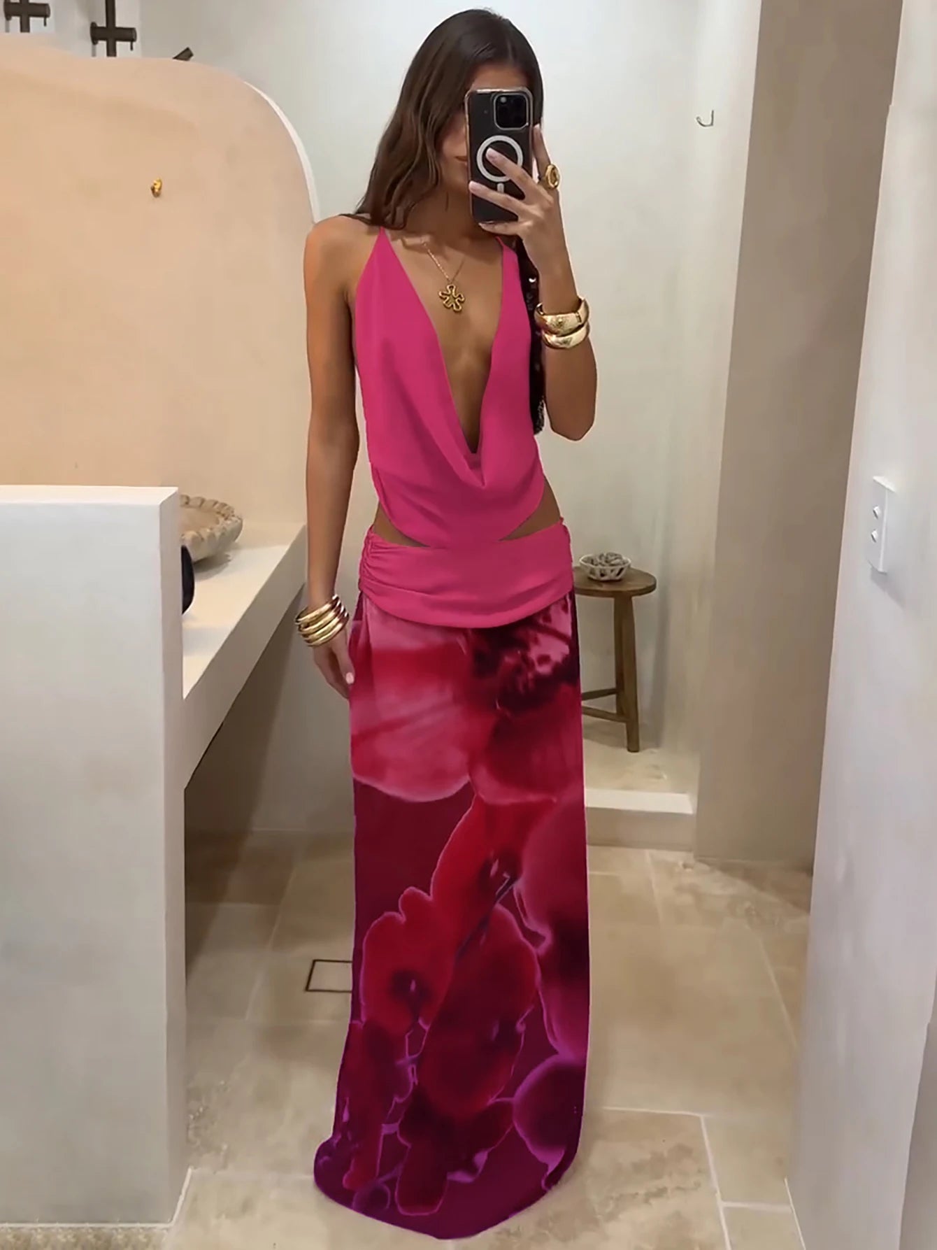 Mesh Ruched Backless Sleeveless Two-Piece Set