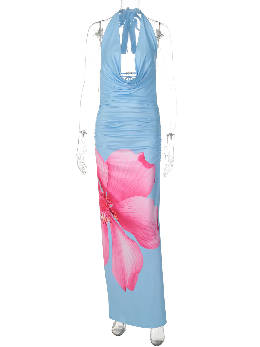 Floral Lace-Up Ruched Backless Maxi Dress