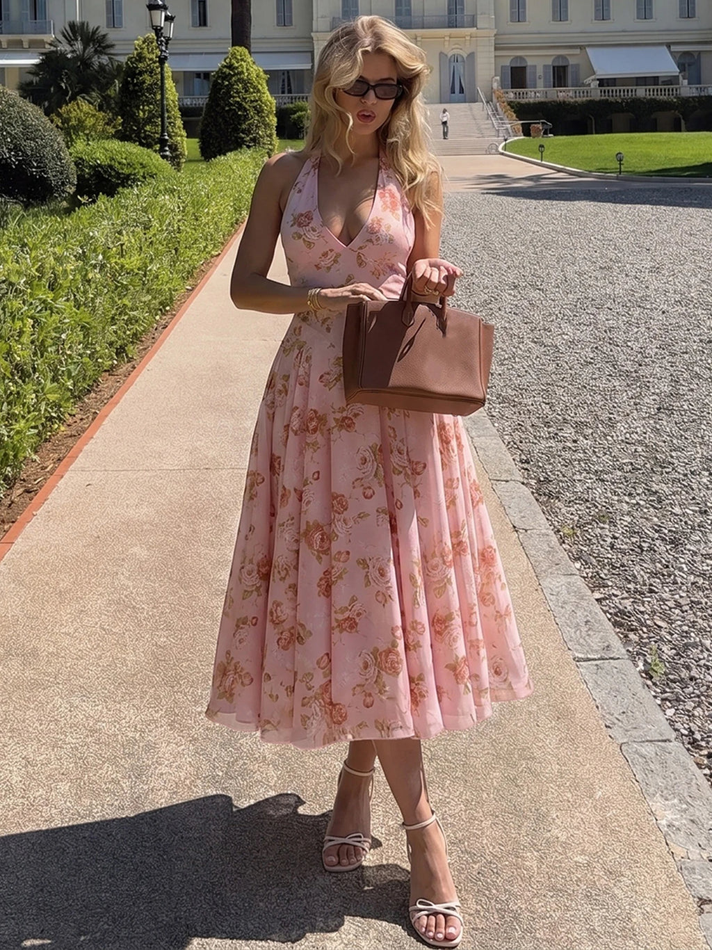 Mesh Backless Halter Sleeveless Maxi Dress