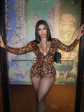 Leopard V-Neck Long-Sleeve Bodycon Jumpsuit
