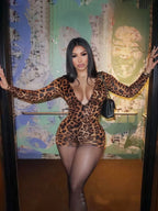 Leopard V-Neck Long-Sleeve Bodycon Jumpsuit