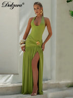 Lace-Up Ruched Pleated Backless Maxi Dress