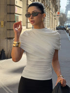 Ruched Pleated Short-Sleeve Cropped T-Shirt