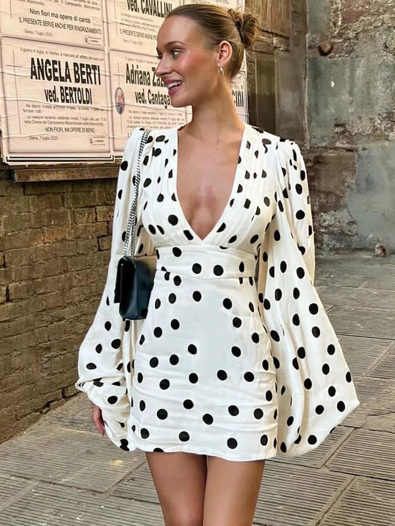 Polka-Dot V-Neck Bodycon Flared Mini Dress