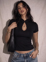 Lace Ruffle Short-Sleeve Cropped T-Shirt