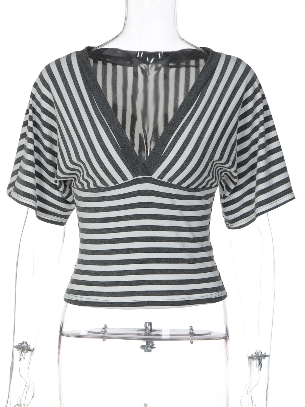 Striped V-Neck Short-Sleeve Bodycon T-Shirt