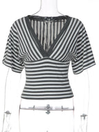 Striped V-Neck Short-Sleeve Bodycon T-Shirt