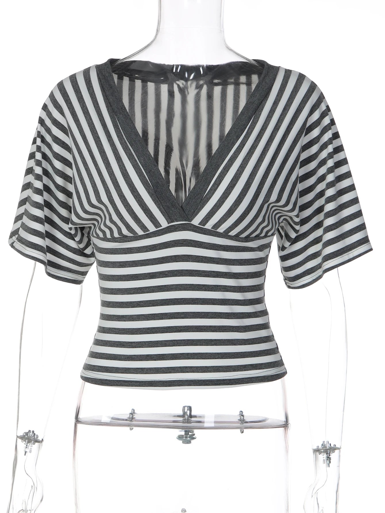 Striped V-Neck Short-Sleeve Bodycon T-Shirt