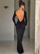 Ruched Backless Long-Sleeve Bodycon Maxi Dress