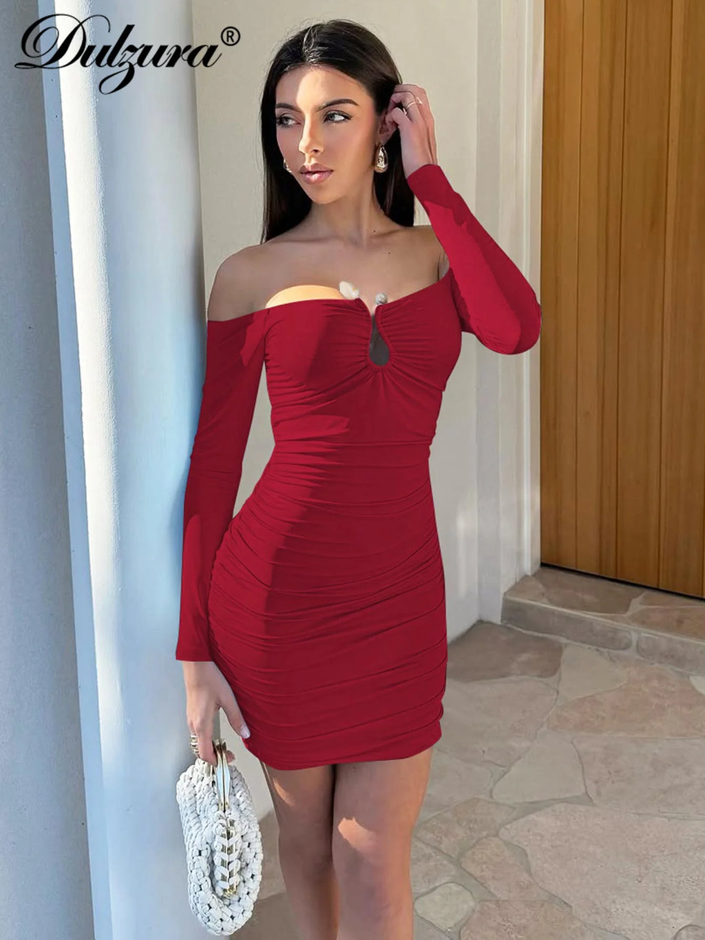 Ruched Backless Off-Shoulder Long-Sleeve Mini Dress