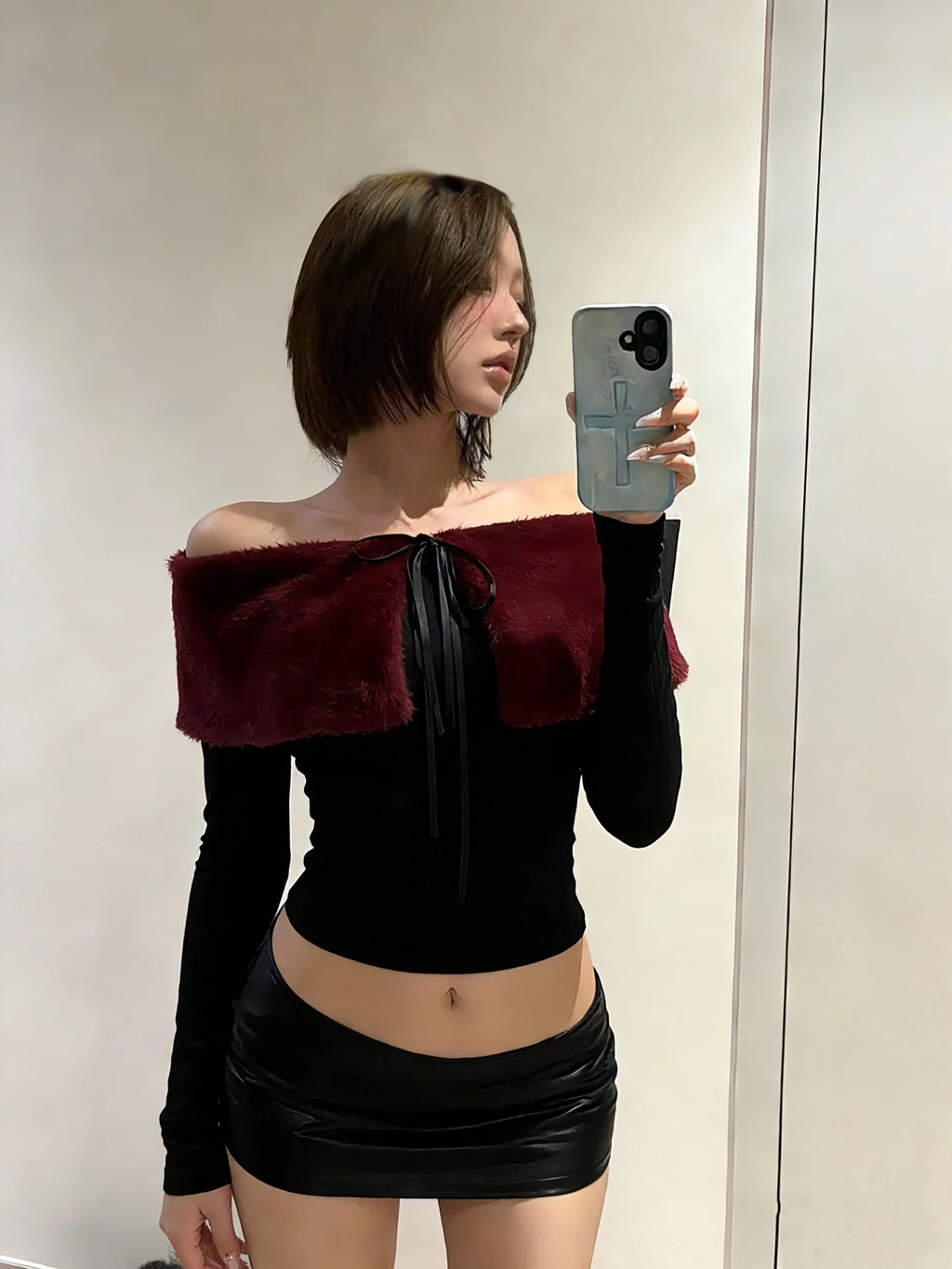 Lace-Up Backless Off-Shoulder Long-Sleeve T-Shirt