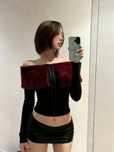 Lace-Up Backless Off-Shoulder Long-Sleeve T-Shirt