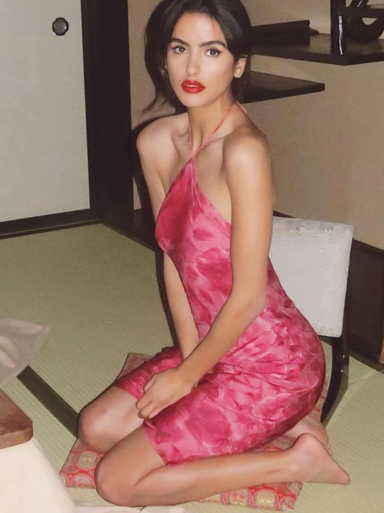Floral Lace-Up Backless Halter Mini Dress
