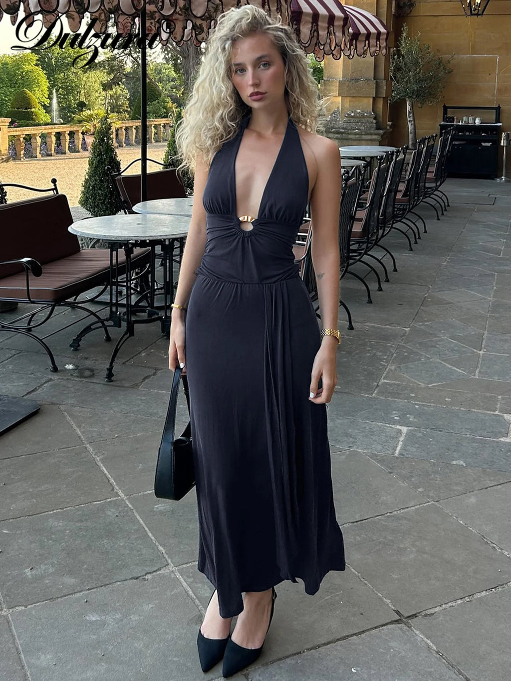 Lace-Up Ruched Backless Halter Maxi Dress