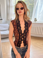 Leopard Mesh Lace Ruffle Top