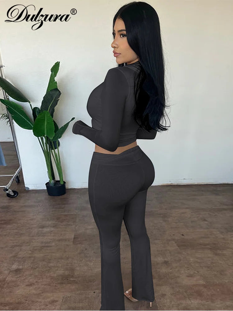 Long-Sleeve Flared Cropped Two-Piece Pants Set