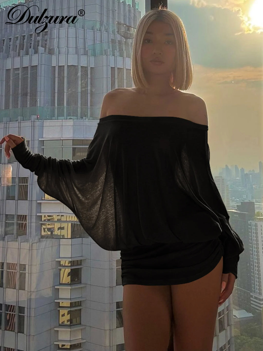 Ruched Off-Shoulder Long-Sleeve Mini Dress
