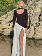Pleated Side-Slit Tie-Detail Square-Neck Maxi Dress