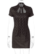 Polka-Dot Lace-Up High-Neck Short-Sleeve Mini Dress