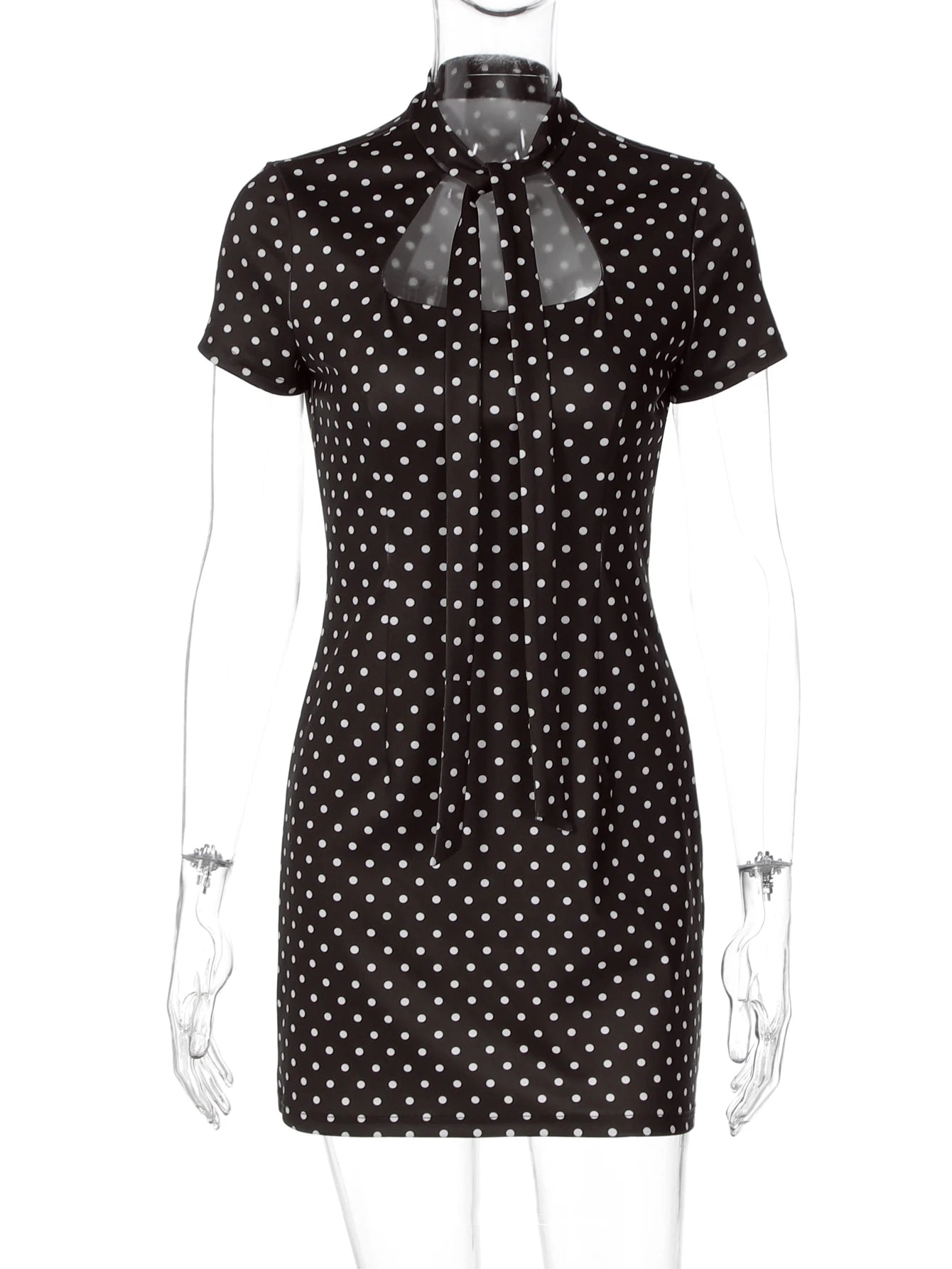 Polka-Dot Lace-Up High-Neck Short-Sleeve Mini Dress