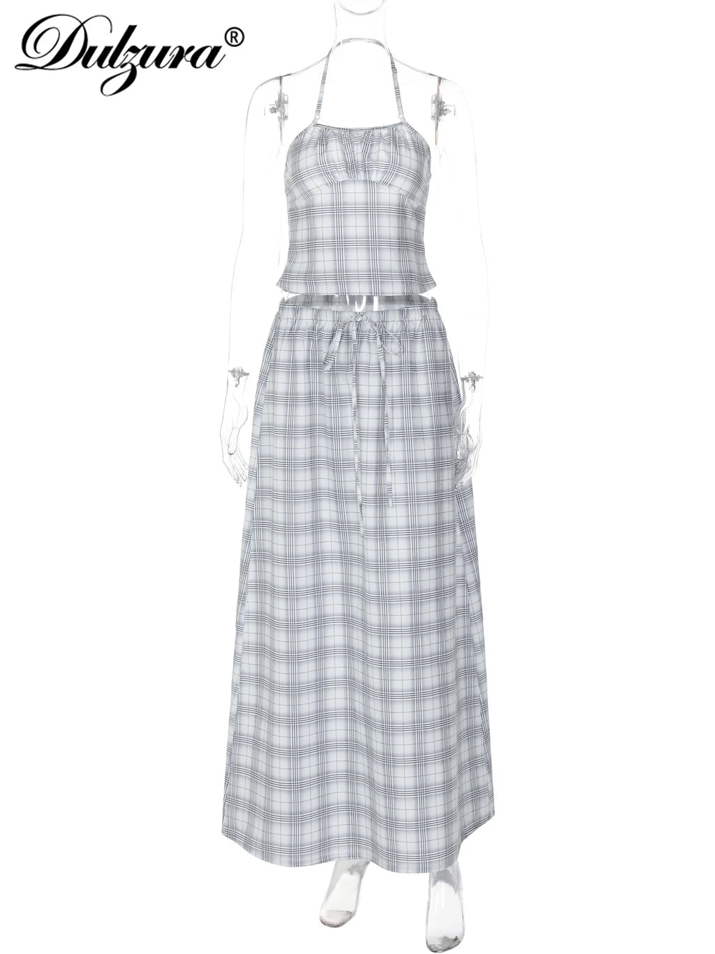 Plaid Lace-Up Backless Halter Two-Piece Set
