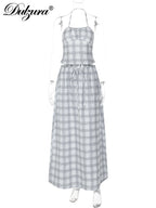 Plaid Lace-Up Backless Halter Two-Piece Set