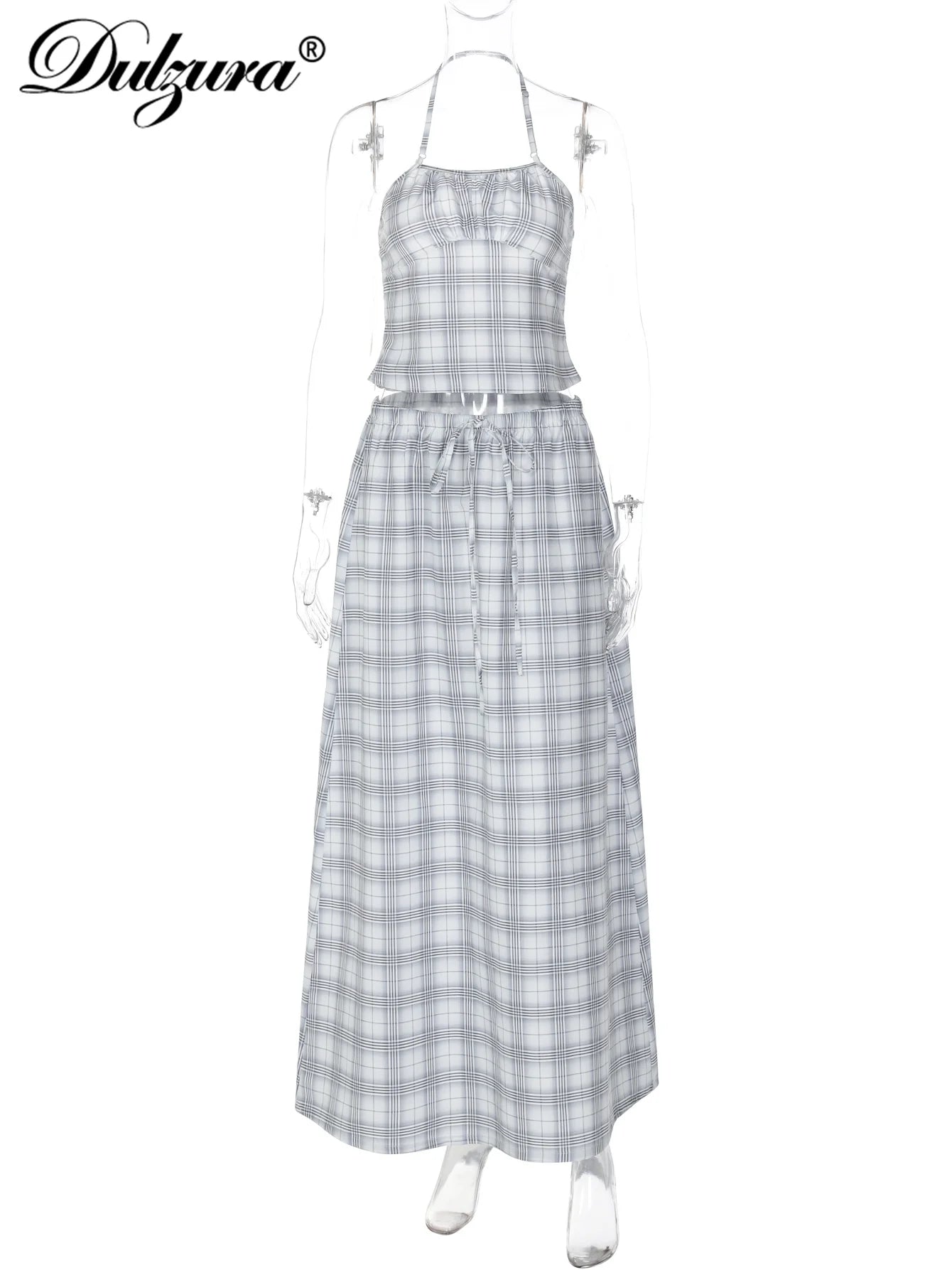 Plaid Lace-Up Backless Halter Two-Piece Set