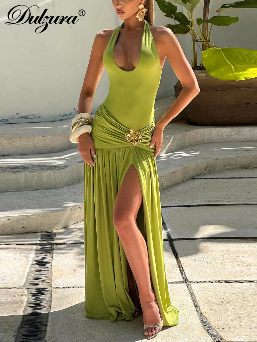 Lace-Up Ruched Pleated Backless Maxi Dress