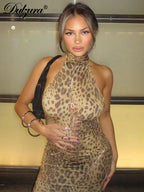 Leopard Lace-Up Backless Cutout Midi Dress