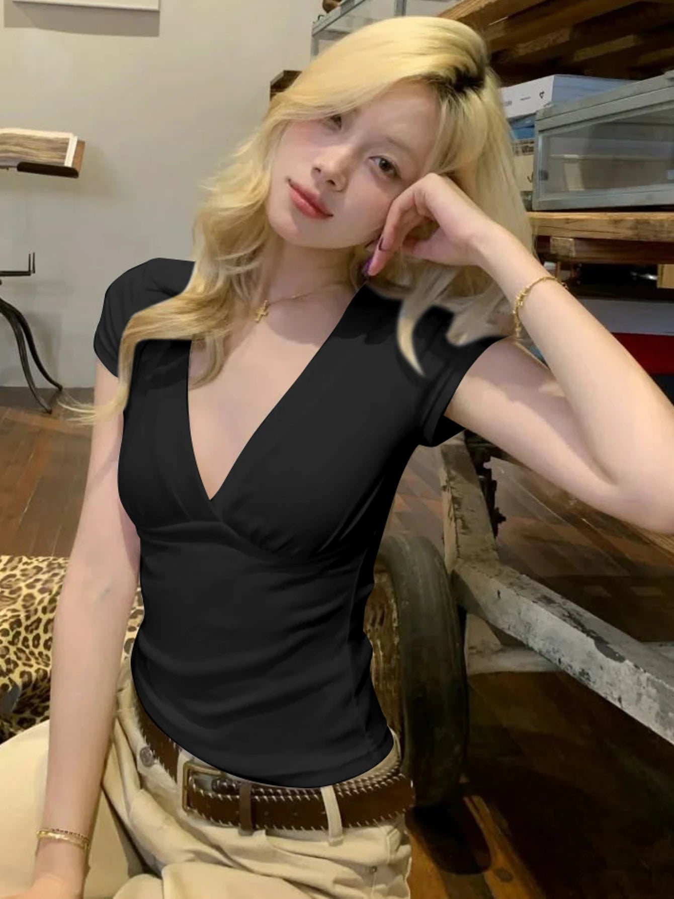 V-Neck Short-Sleeve Cropped T-Shirt