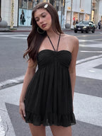 Chiffon Lace-Up Backless Halter Mini Dress
