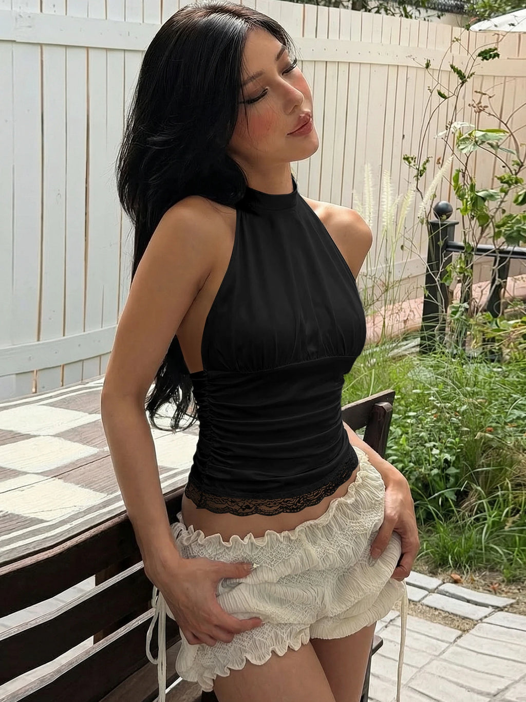 Lace Ruched Ruffle Backless Tank Top