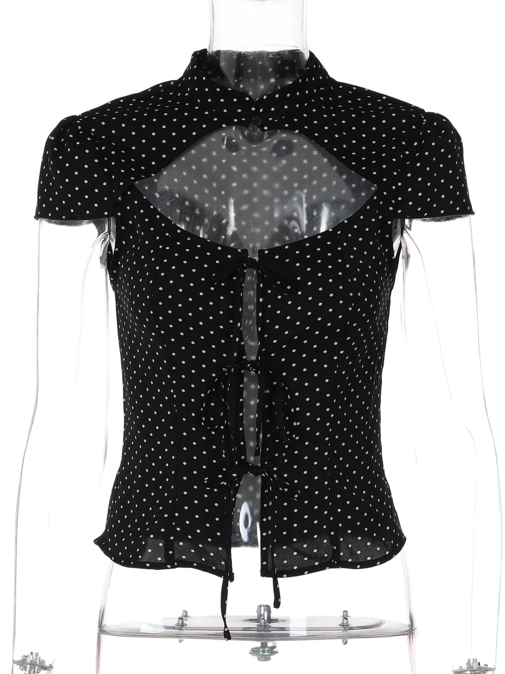Polka-Dot Lace-Up High-Neck Short-Sleeve T-Shirt