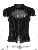 Polka-Dot Lace-Up High-Neck Short-Sleeve T-Shirt