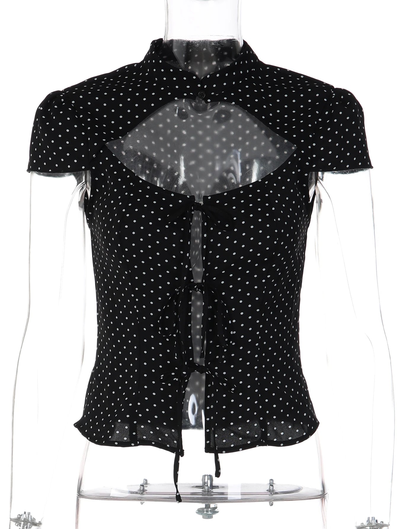 Polka-Dot Lace-Up High-Neck Short-Sleeve T-Shirt