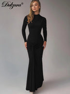 Lace-Up Ruched Long-Sleeve Maxi Dress
