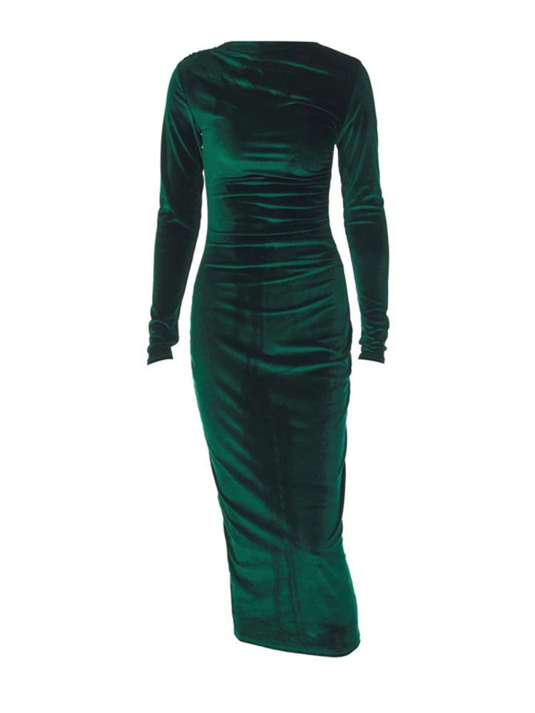 Velvet Ruched Long-Sleeve Maxi Dress
