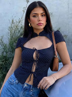 Polka-Dot Lace-Up High-Neck Short-Sleeve T-Shirt