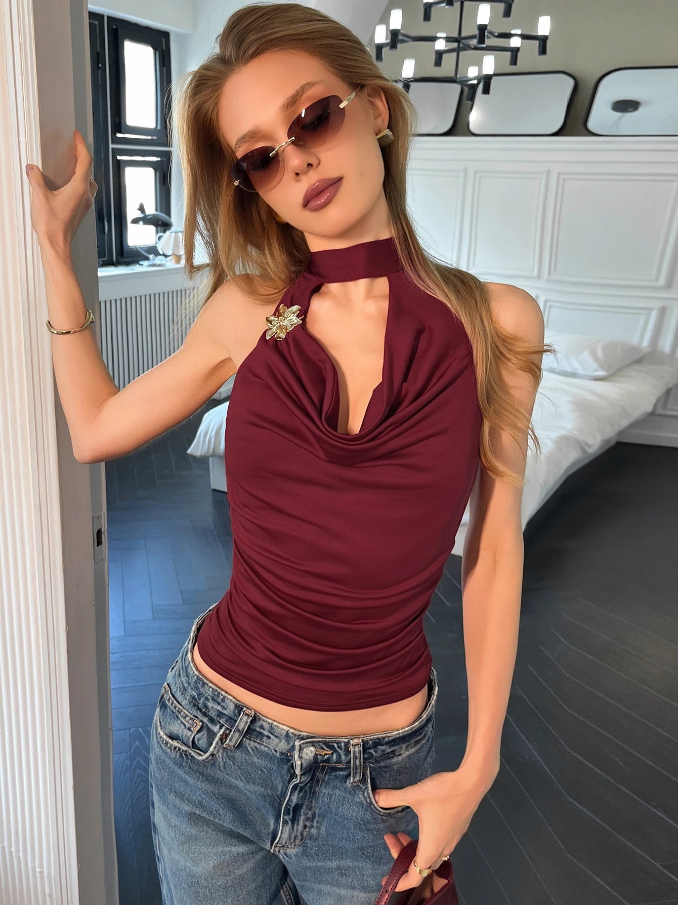 Floral Lace-Up Ruched Backless Tank Top