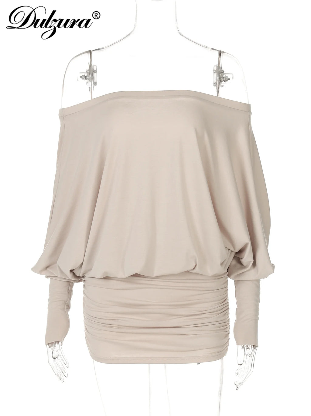 Ruched Off-Shoulder Long-Sleeve Mini Dress