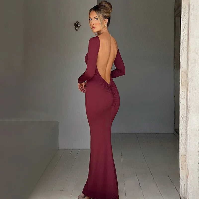 Ruched Backless Long-Sleeve Bodycon Maxi Dress